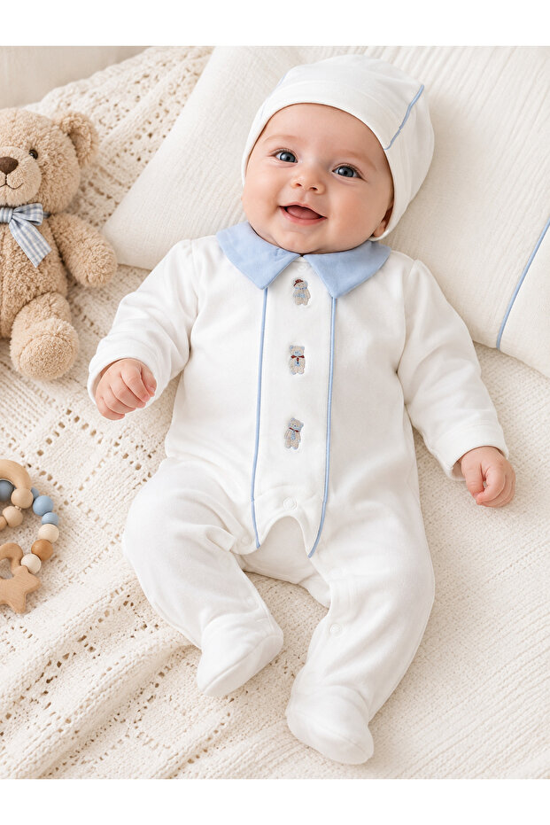 Baby Boy Teddy Bear Embroidered 100% Cotton Hat and Romper Set