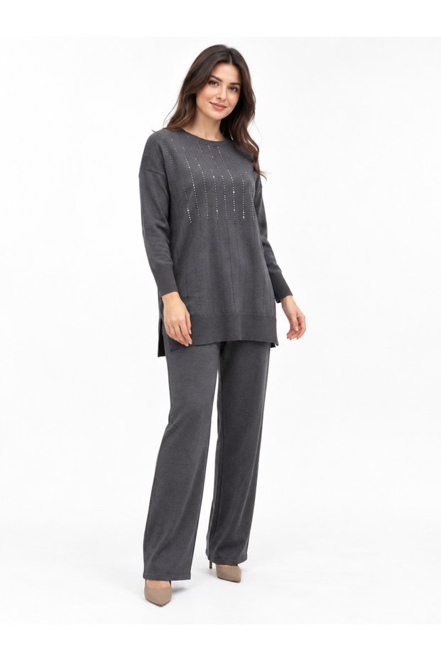 Stone Embellished, Side Pockets, Elastic Waist, Knitwear Tunic and Trousers Two-Piece Set