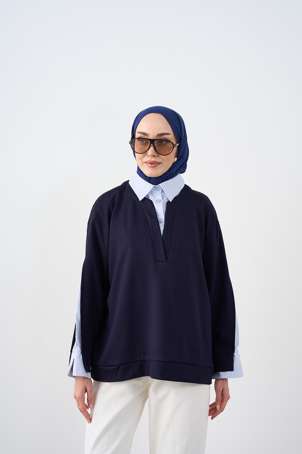 Women's Shirt Collar Stripe Detail Sweatshirt Navy Blue