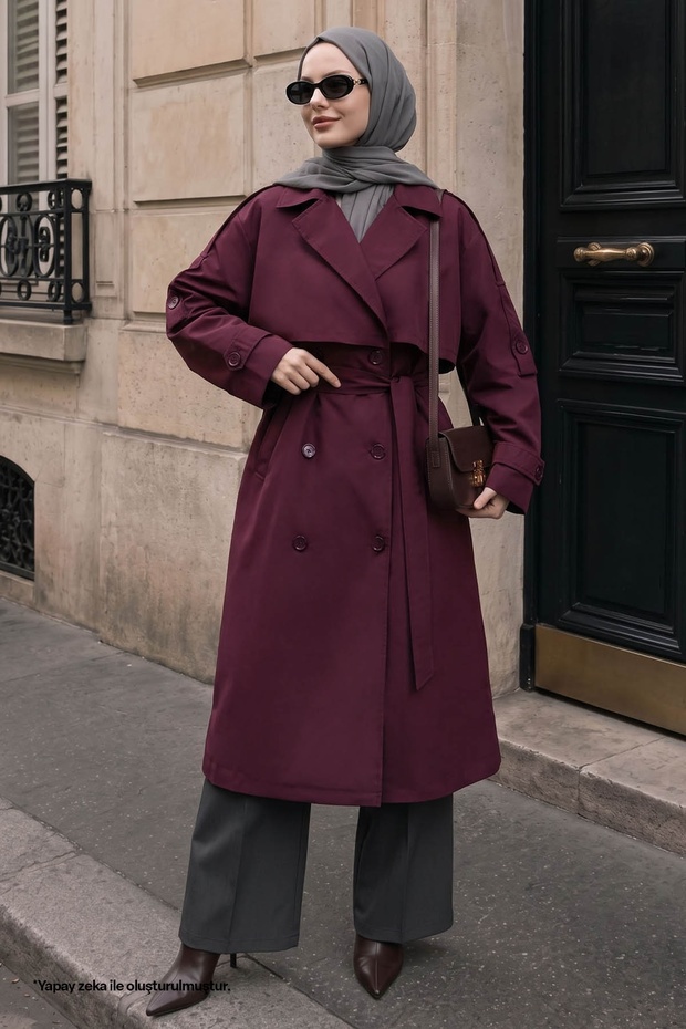 Double Button Lined Plum Trench Coat