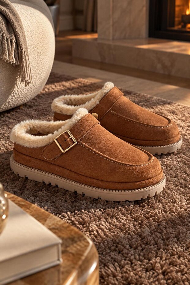 Women's Suede Orthopedic Winter Slippers – Faux Fur and Ankle-Strap Buckle