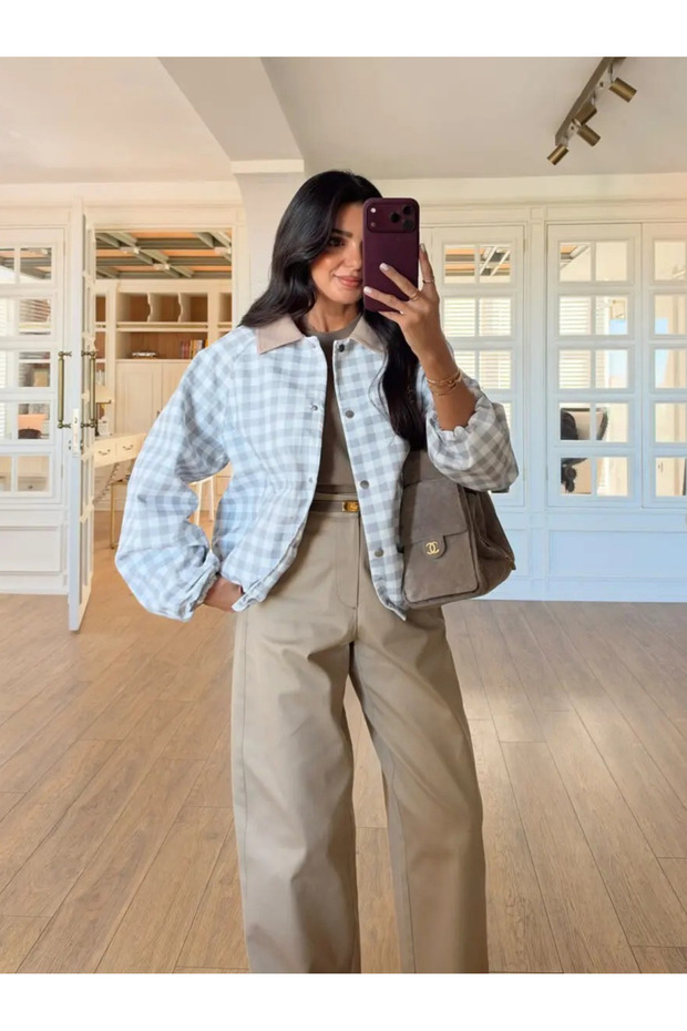 Gray Square Patterned Bomber Jacket with Ankle Elastic Detail - 4245