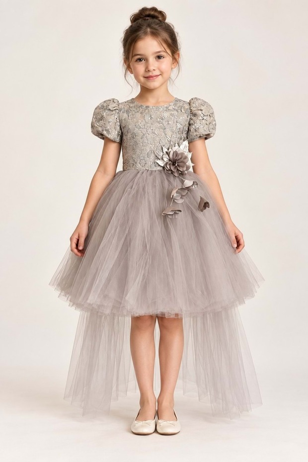 Girl's Palmira Embroidered Tailcoat Evening Dress M00861 Gray