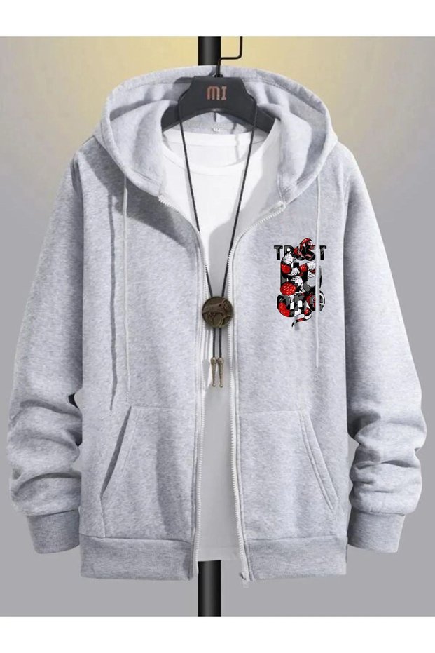 Men's Gray Winter Hooded Zipper Sweatshirt Jacket