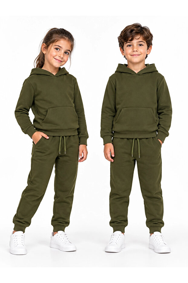 Unisex Girls Boys Khaki 3 Thread Hooded Kangaroo Pocket Tracksuit Set