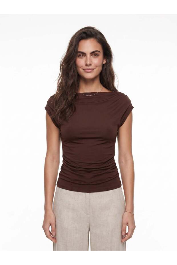 Brown Lycra Stretch Fabric Degaje Collar Sleeveless Body-Fitting Blouse with Side Drawstring Detail