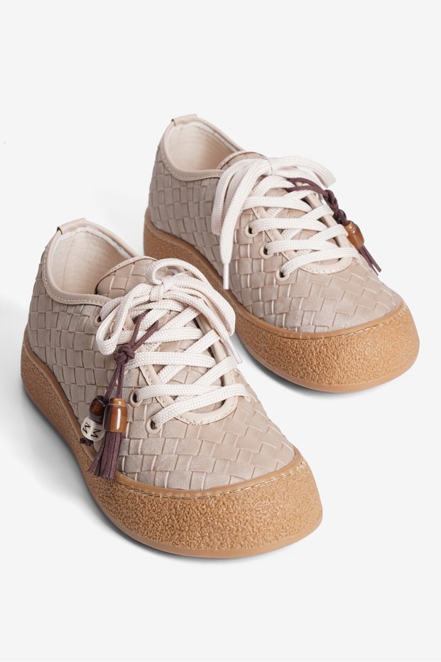 Women's Sneaker with Knitted Pattern, Beaded Tassel Detail, Besa Beige
