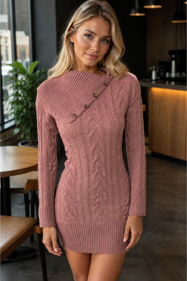 Women's High-Neck Tissue Collar Long Sleeve Button Detailed Hair Braided Soft Textured Cinnamon Knitwear Mini Dress