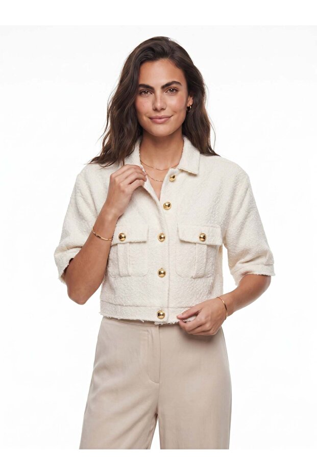 White Acrylic and Wool Blend Fabric Short Sleeve Shirt Collar Metal Button Pocket Detailed Jacket