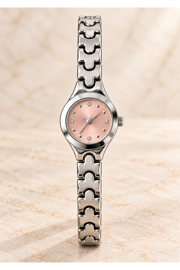 Pinkie Pink Dial Silver Women's Wristwatch – Elegant Steel Band Stylish Watch with Stone Detail