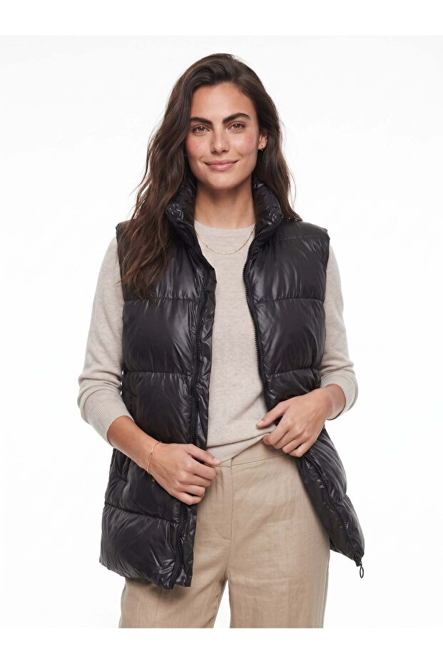 Black Polyester Fabric Stand Collar Standard Cut Zippered Double Pocket Inflatable Vest