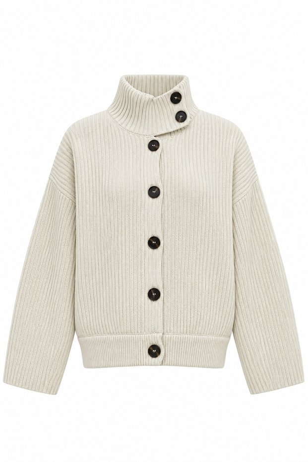 Ecru Knitwear Textured High Collar Oversize Drop Shoulder Button Detailed Ribbed Knitted Cardigan