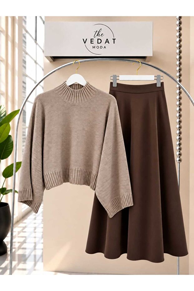 Women's Oversize Knitwear Blouse - Puff Scuba Skirt Set -0500
