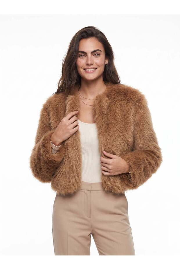 Tan Faux Fur Textured Soft Fabric Long Sleeve Lined Standard Fit Coat with Inner Detail