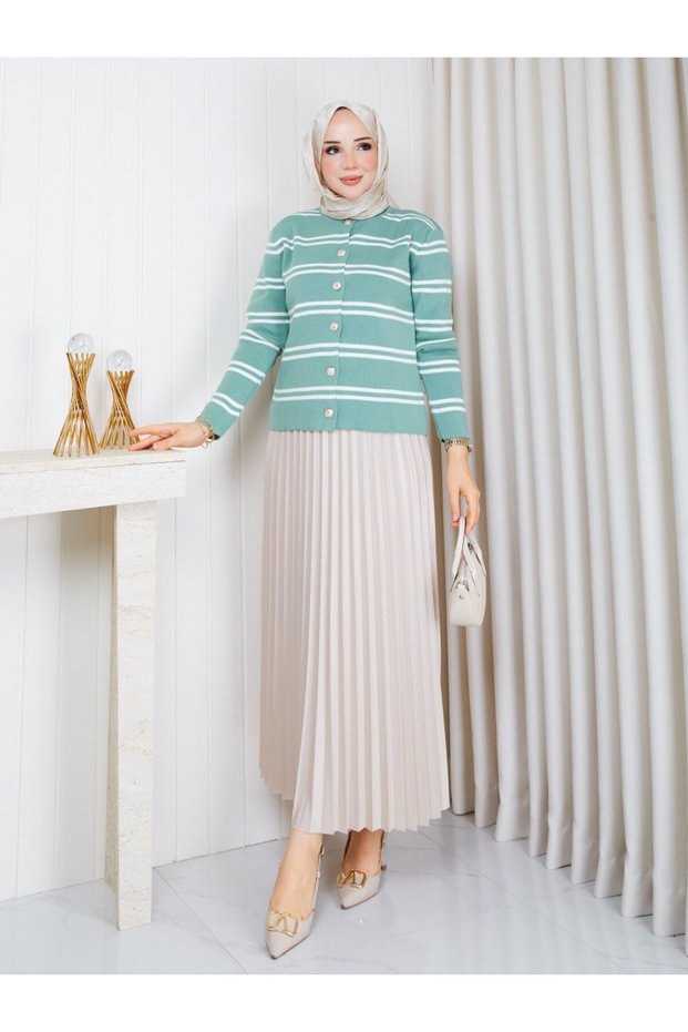 Women's Striped Terry Cardigan - Pleated Leather-Like Skirt Dual Combination