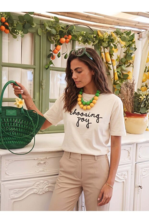 Cream Cotton Boat Neck Short Sleeve Relaxed Fit Front Embroidered Text Embroidered T-Shirt