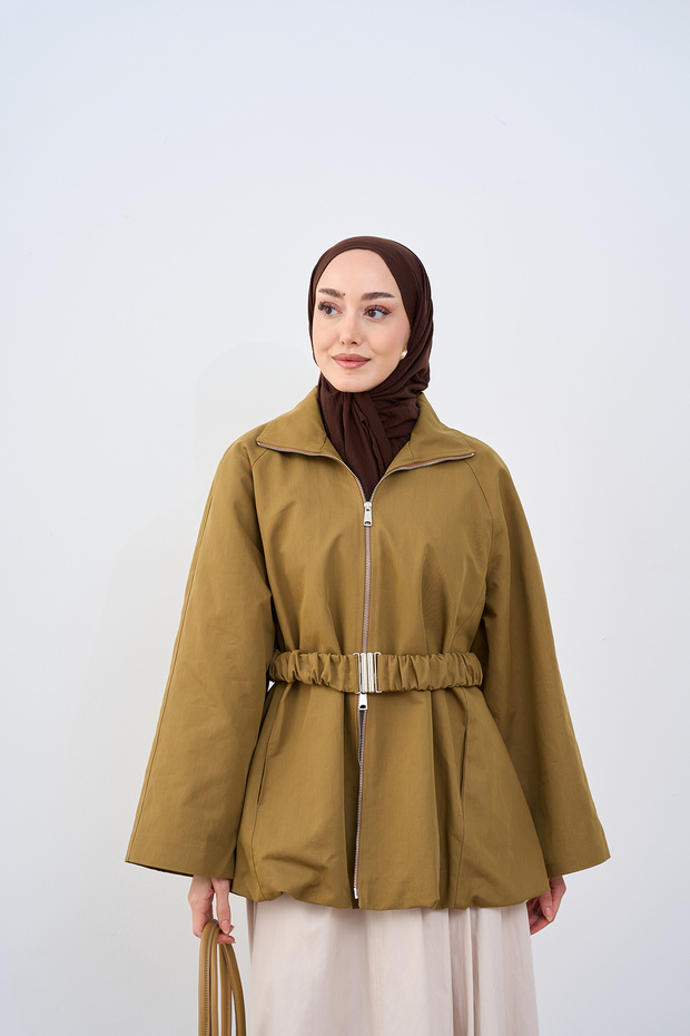 Women's Shirt Collar Zipper Jacket Fat Green