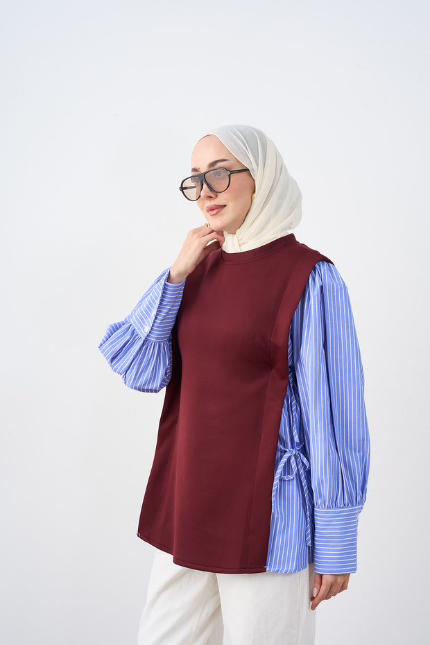 Women's Striped Side Tie Detail Tunic Claret Red