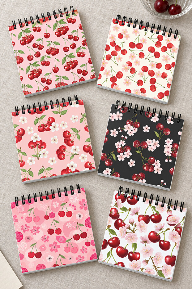 Cherry and Cherry Blossom Patterned Mini Notepad Set