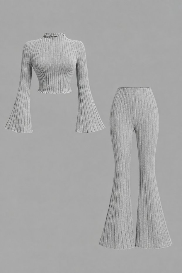 Gray Knitwear Flared Spanish Leg High Waist Top and Bottom Set