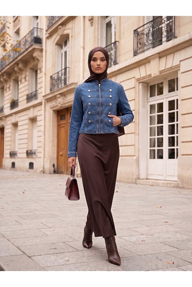 Buttoned Zippered Short Denim Jacket Light Blue
