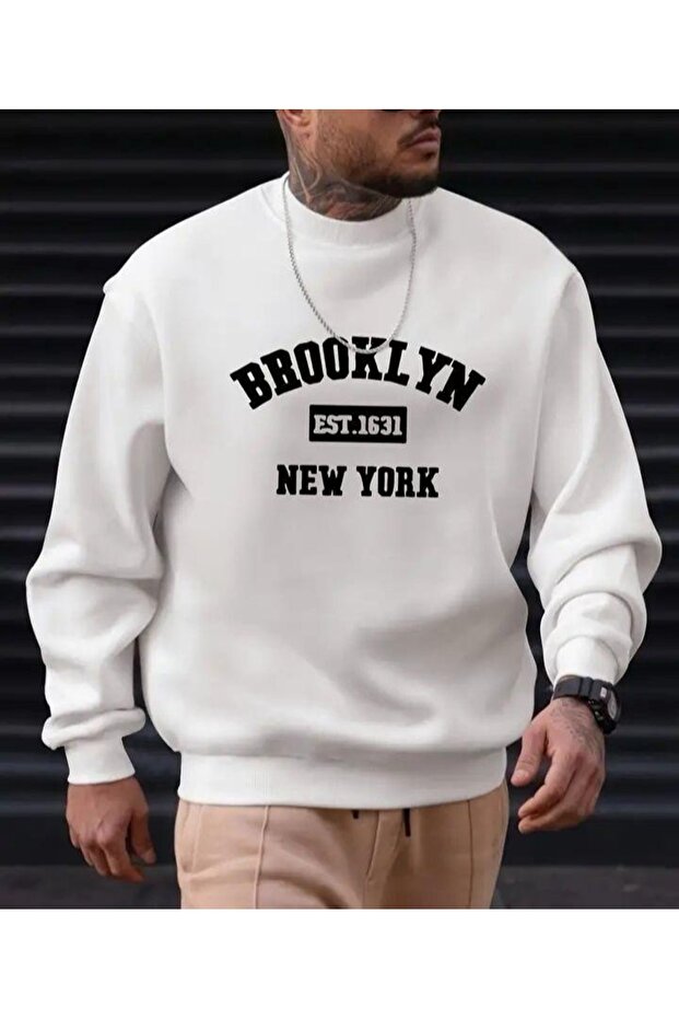 Women's and Men's Brooklyn Printed Cotton 3 Thread Threaded Crew Neck Oversize Sweatshirt
