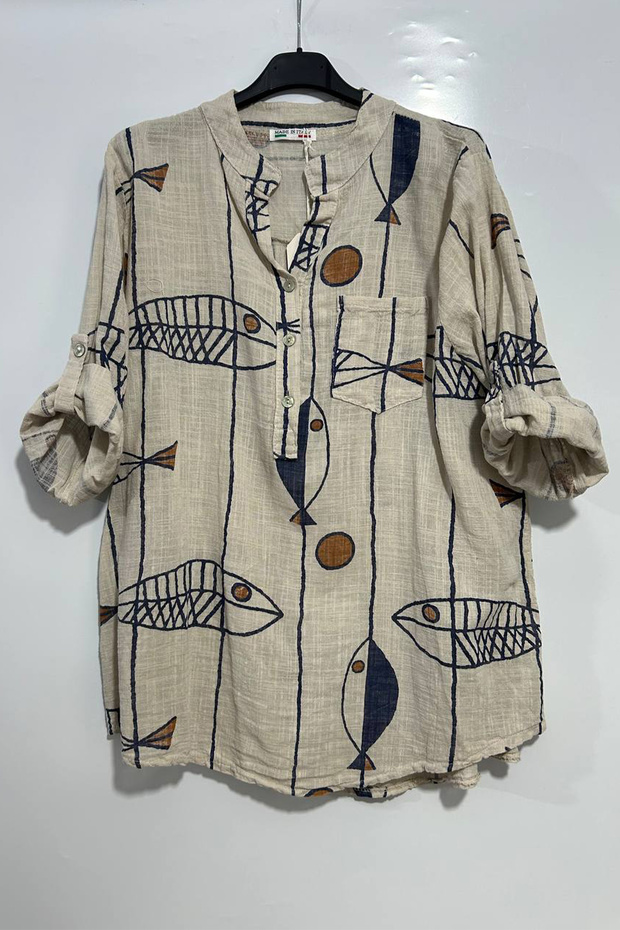 Women's Italian Buttoned Collar Fish Pattern Pocket Detailed 3/4 Sleeve 100% Cotton Blouse