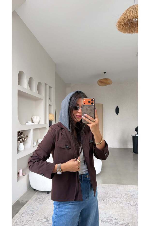Brown Sweat Hooded Detailed Jacket