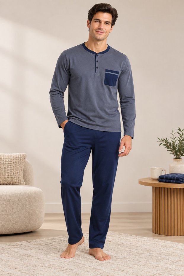 Men's Pajama Set, 100% Cotton, Anti-Pilling, Combed Cotton Interlock, Long Sleeve, Buttoned Collar, with Pockets, Smoked