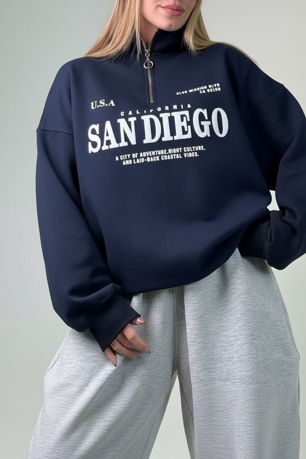 Women's - Men's San Diego Printed Half-Zip Oversize 3 Thread Sweatshirt