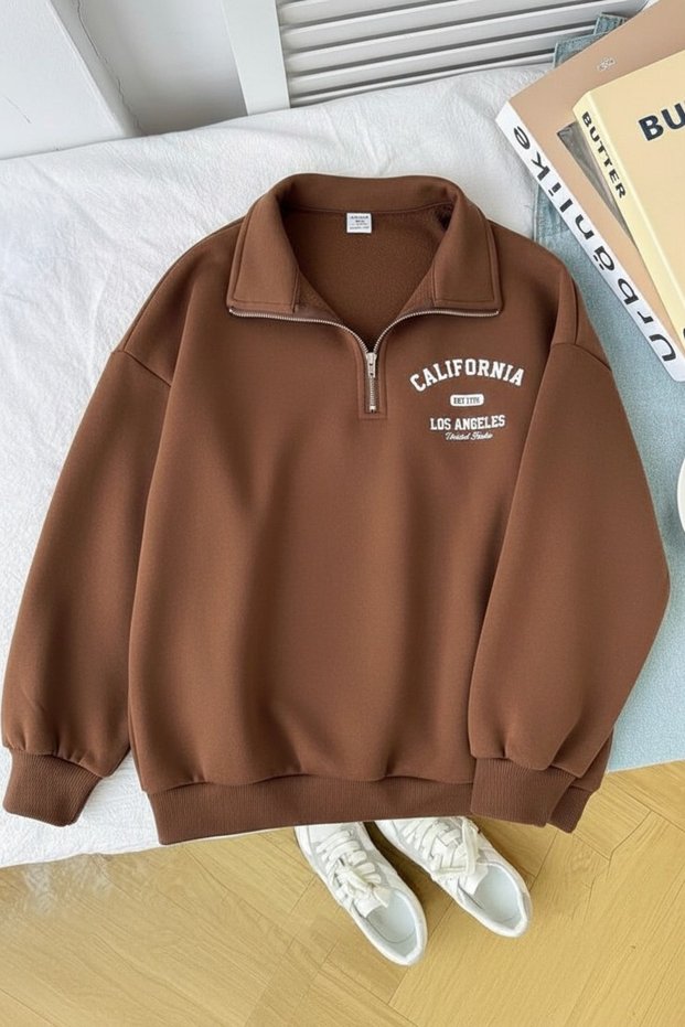 Women's - Men's California Printed Half Zipper Oversize 3 Thread Sweatshirt
