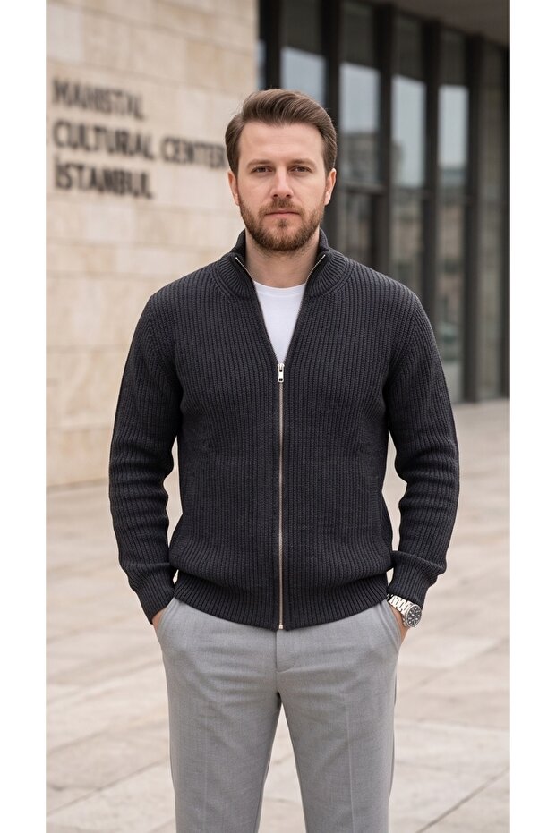 Anti-Pilling Stand Collar Zippered Men's Knitwear Cardigan