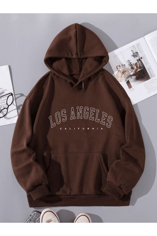 Los Angeles Printed Premium Oversize Hooded 3 Thread Cotton Sweatshirt