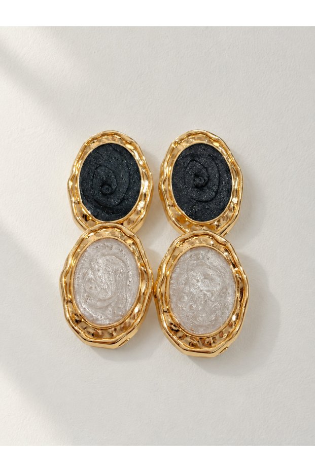 Gold Framed Black-White Textured Double Oval Earrings