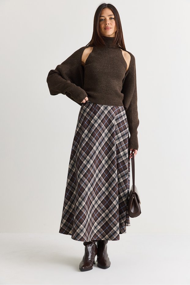 Women's Brown-Blue High Waist A-Line Plaid Midi Skirt De261123 60286551