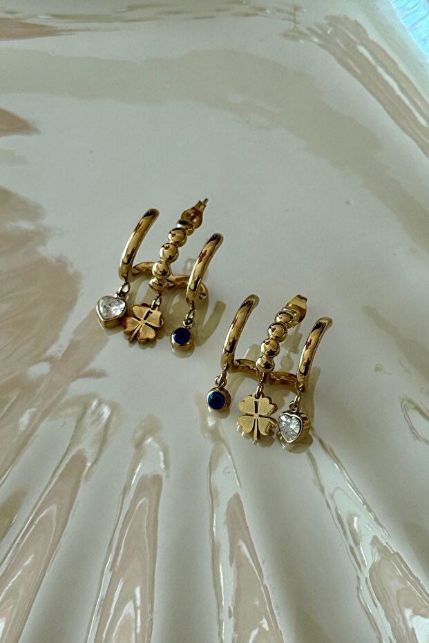 Steel Evil Eye-Clover and Zircon Heart Earrings