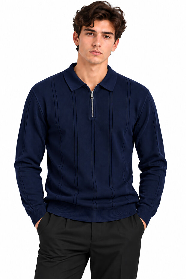 Men's Ribbed Polo Collar Zippered Knitted Sweater 27151
