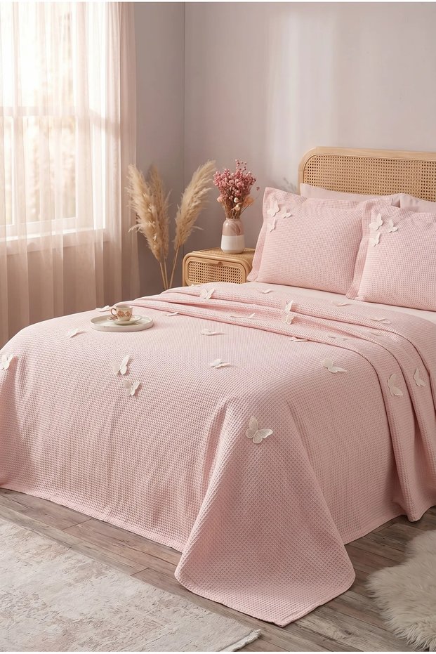 3D Butterfly Embroidered 100% Cotton 3 Piece Double Pique Set