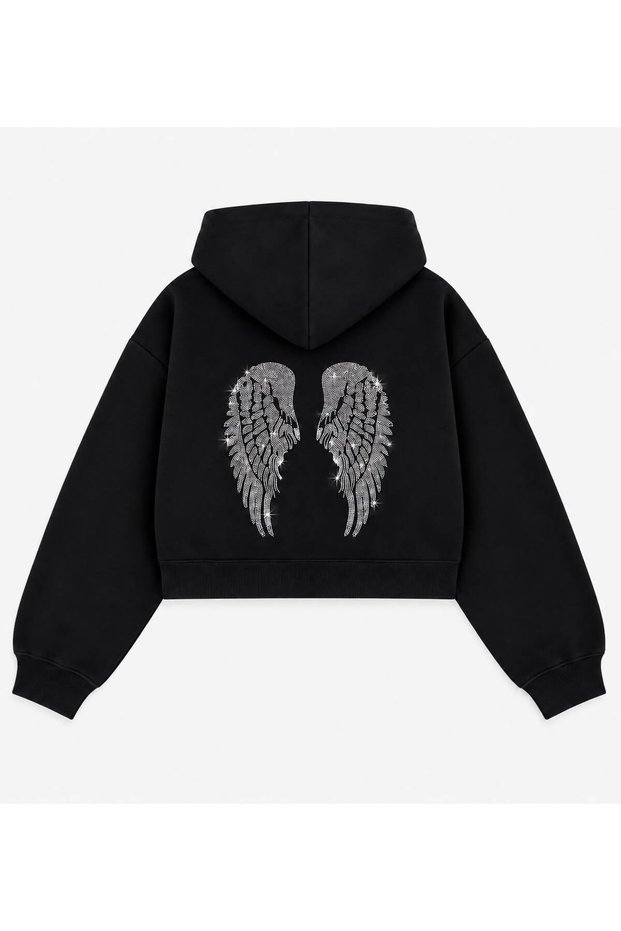 Women's Wing Stone Printed Hooded Oversize Crop Sweatshirt