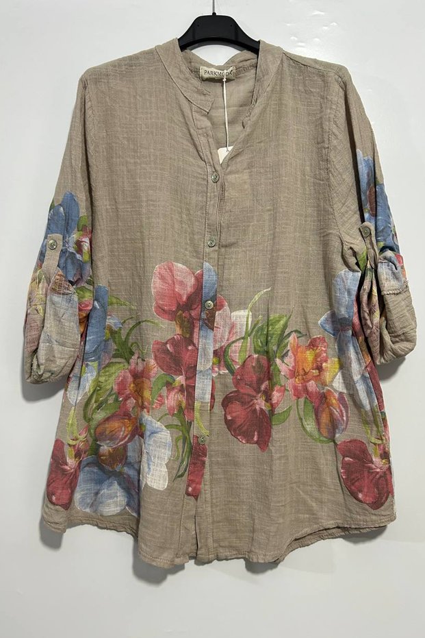Women's Italian Pictory Pattern 3/4 Sleeve 100% Cotton Loose Shirt Blouse