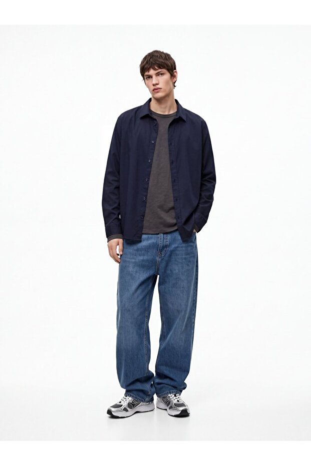 Slim Fit Collar Detailed Long Sleeve Navy Blue Shirt