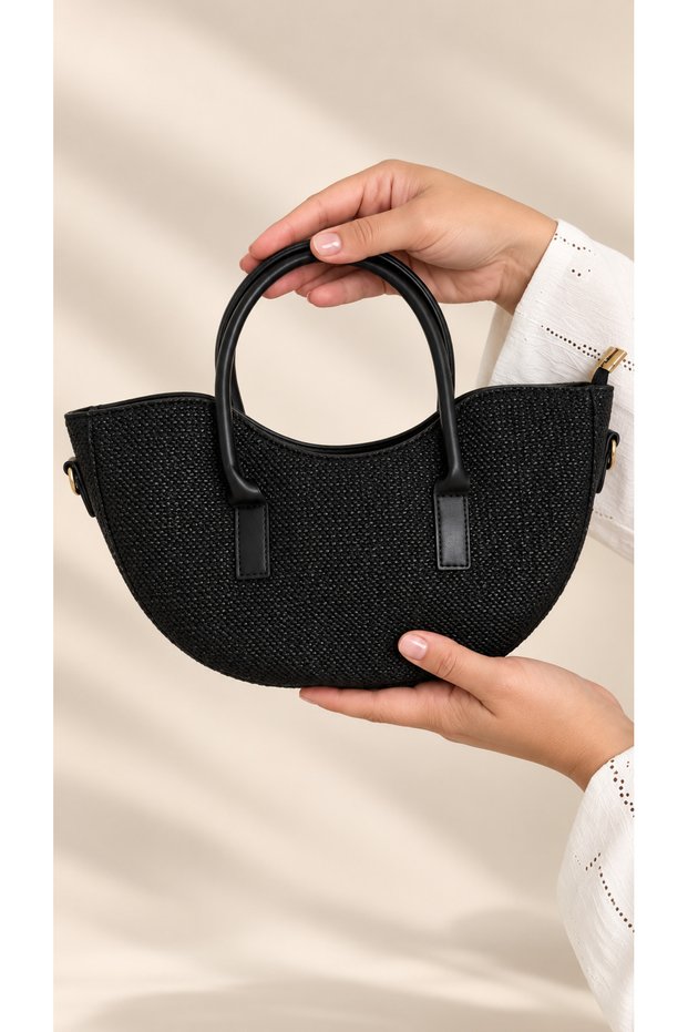 Women's Straw-Looking Shoulder Bag – Casual Bag with Black Handle