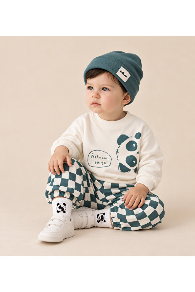 Panda Printed Sweatshirt, Checkered Pants, Printed Socks and Beanie 4-Piece Baby Boy Set