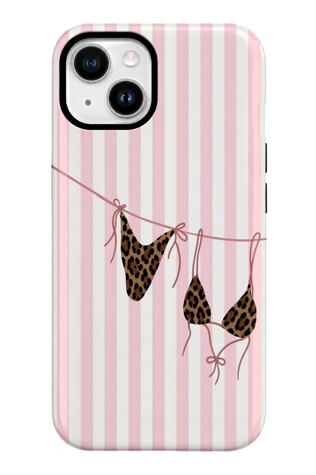 iPhone 15 Compatible - Pink Stripes, Double Layer Cover, Glossy Surface Protective Case