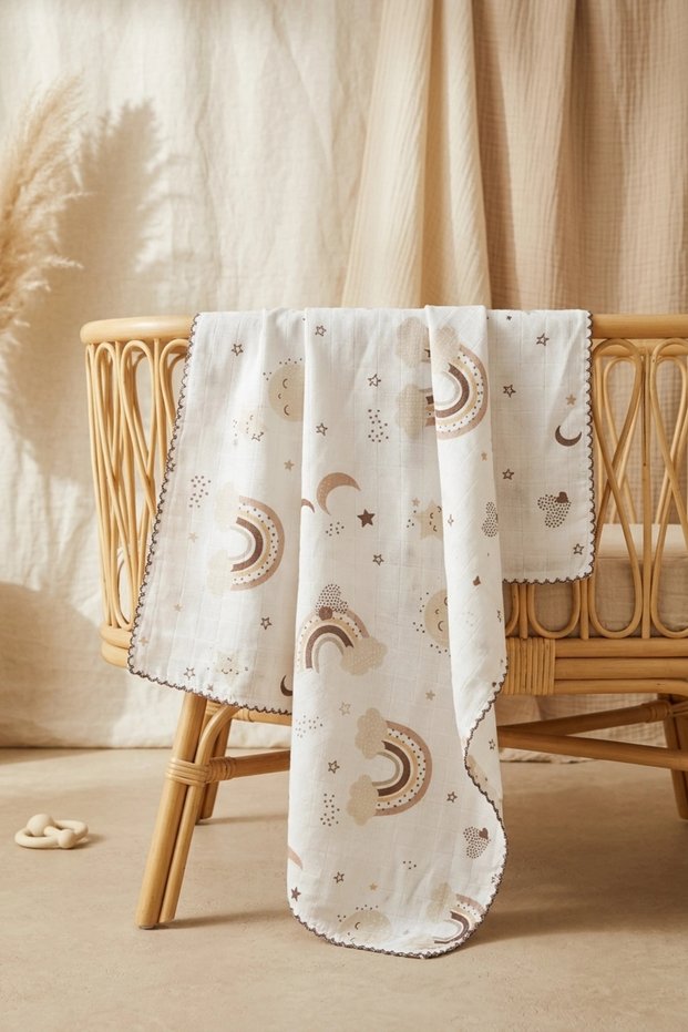 Rainbow Coffee Patterned Cotton Muslin Baby Blanket with Piping and Embroidered Edges 90*90 cm