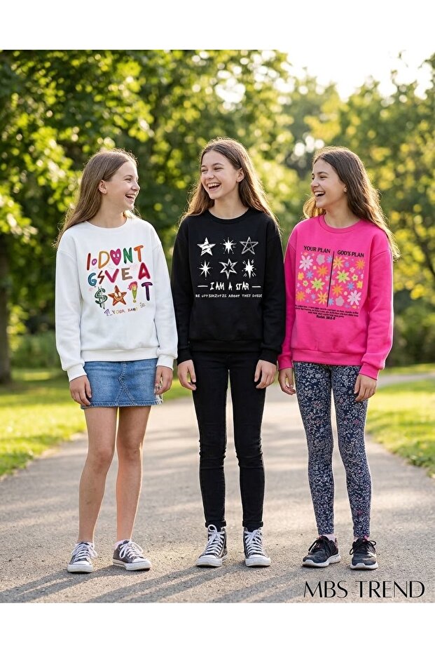 Winter Girls' 3-Piece Sweatshirt Combination Set White - Black - Pink