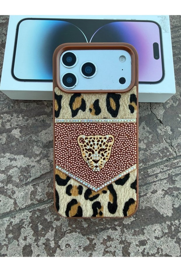Apple iPhone 18 Pro Max Compatible Brown Newleo Luxe Leopard Motif Stone Case