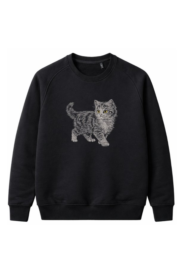 Embroidered Black Plain Sweatshirt Crew Neck Unisex Ribbed Sleeves and Hem Casual Sweatshirt