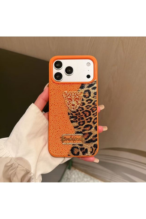 Orange Luxury Leopard Pearl Motif Case Compatible with Apple iPhone 18 Pro