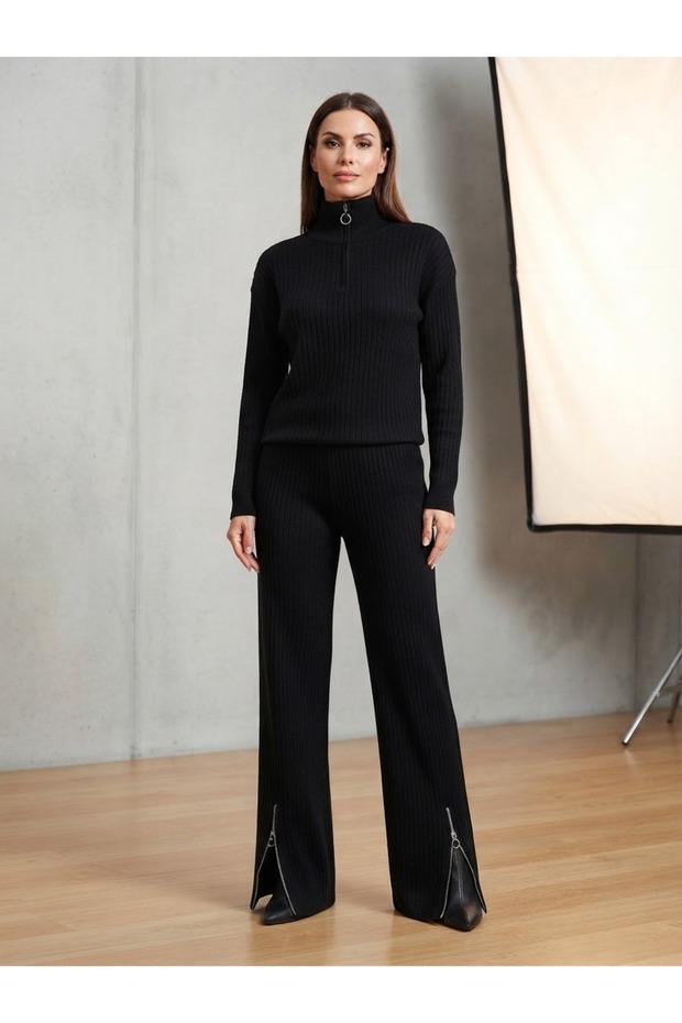 Women's Corded Fabric Neck and Leg Zippered Slit Knit Set